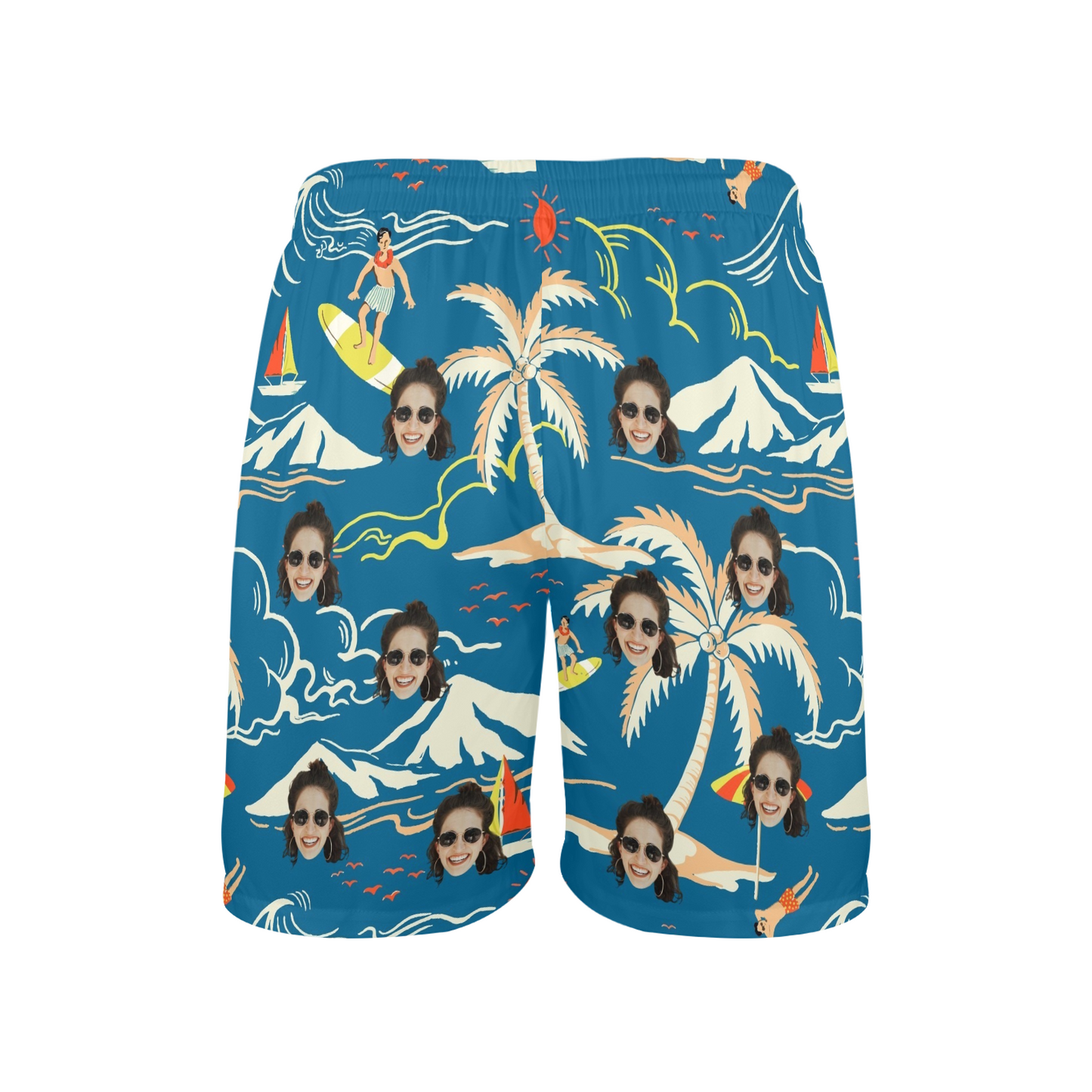 Custom Face Surfing Island Beach Shorts | Personalized Photo Men's Elastic Swim Trunks For Vacation