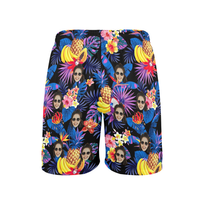 Custom Face Tropical Fruit Beach Shorts | Personalized Photo Men's Elastic Swim Trunks For Holiday Traveling