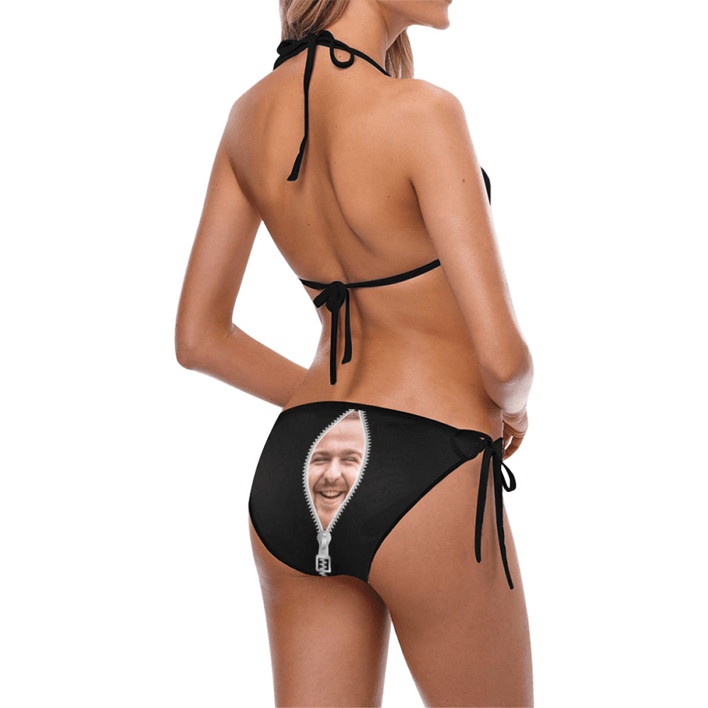 Custom Zip Face Swimsuit | Personalized Women's String Halter Tie Side Low Waisted Triangle Bikini Prank Gift