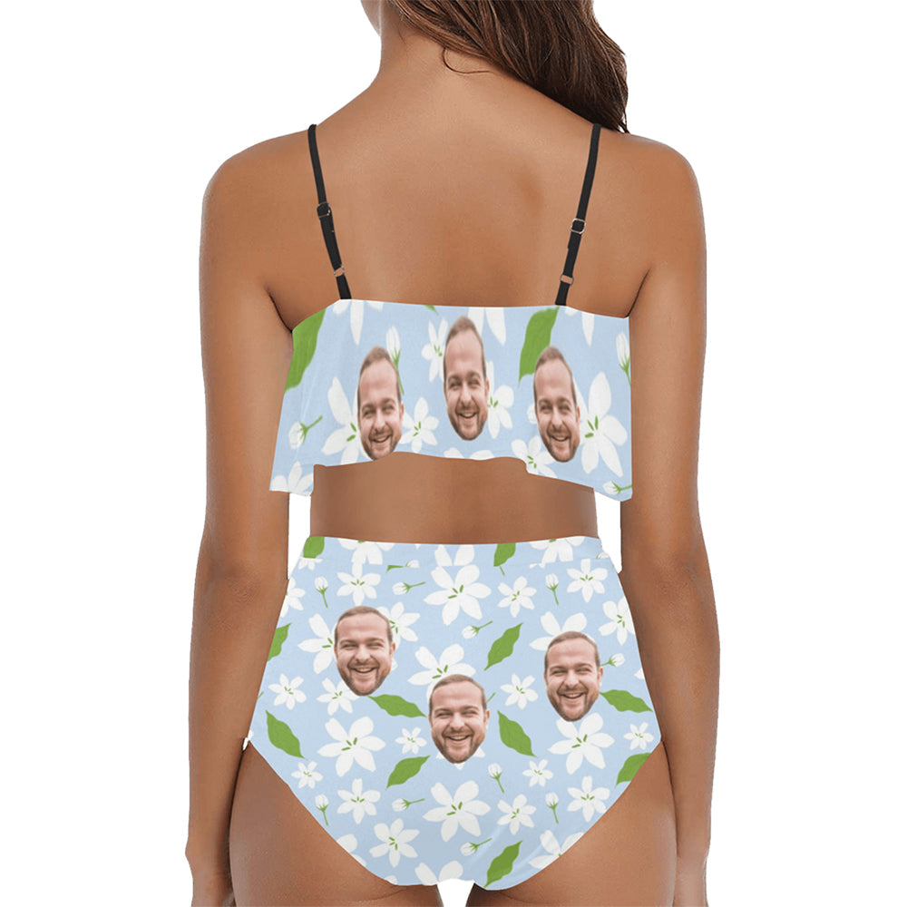 Custom Face Blue Lily Floral Swimsuit | Unique Women's Two Piece High Waisted Ruffle Bikini Beach Outfits For Honeymoon