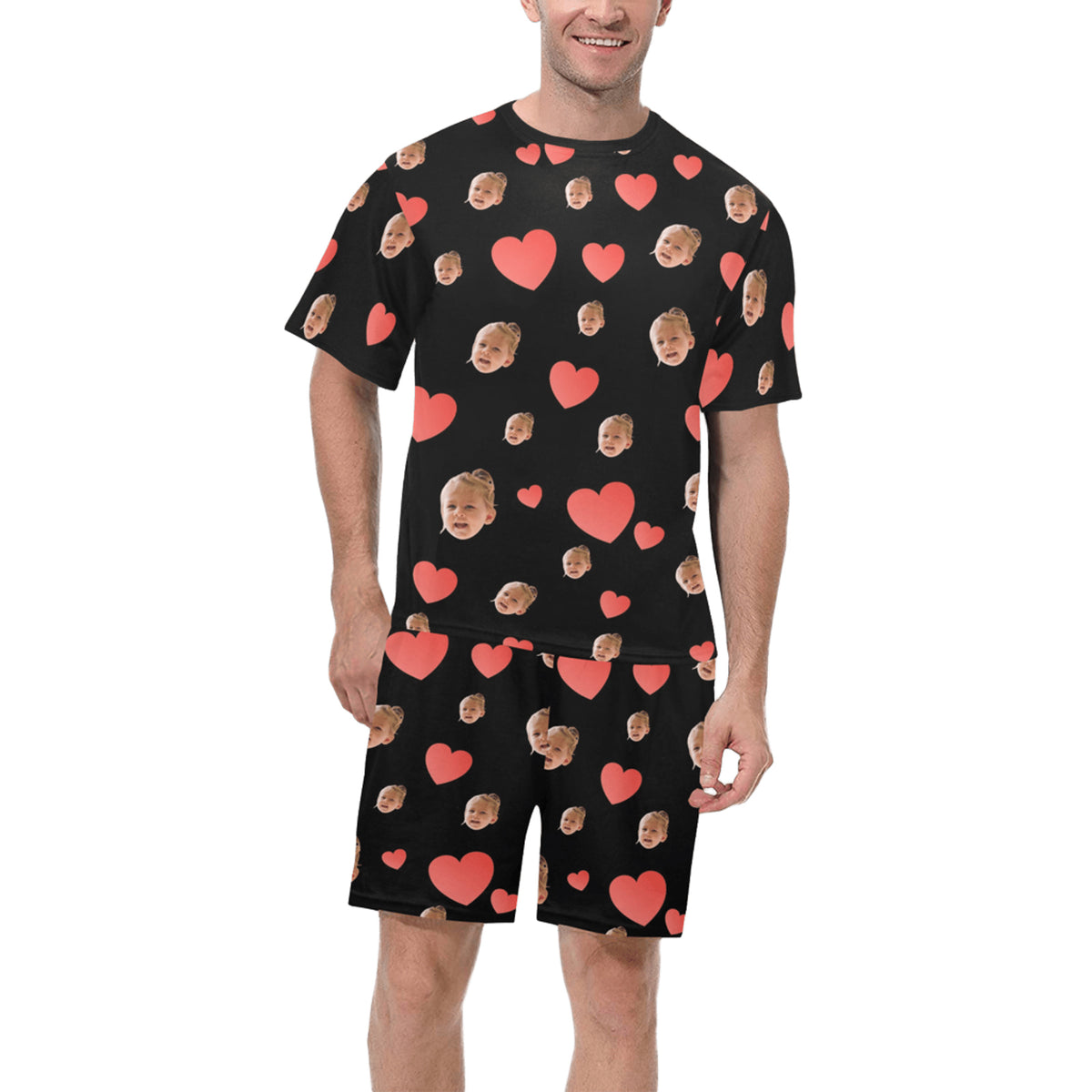 Custom Heart Multi-Color Pajamas | Personalized Men's Short Pajama Set Valentine's Day Present