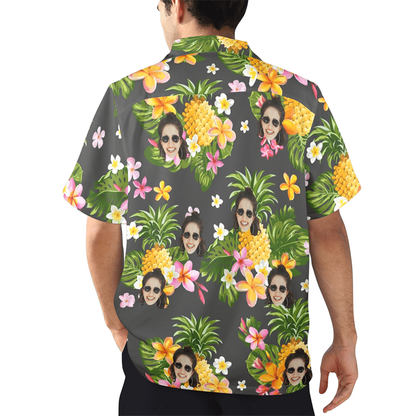 Custom Face Yellow Pineapple Flowers Hawaiian Shirt | Personalized Tropical Aloha Shirt For Bachelorette Party