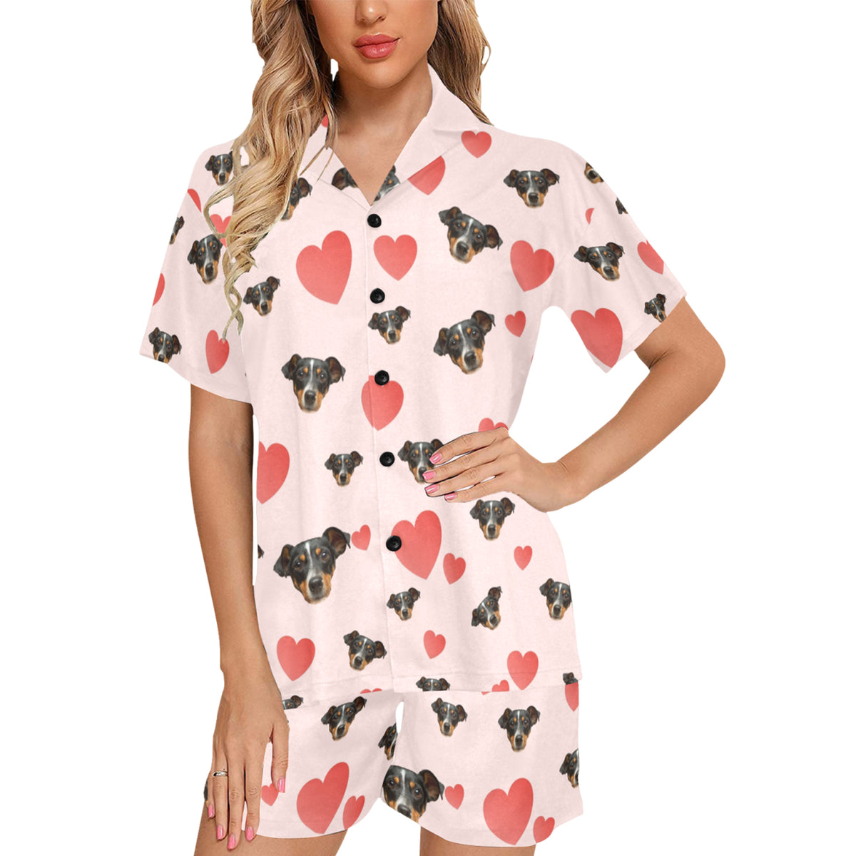 Custom Heart Multi-Color Pajamas | Personalized Women's V-Neck Short Pajama Set Gift for Her