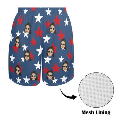 Custom Flag Stars Face Beach Shorts | Personalized Photo Men's Elastic Swim Trunks 4th Of July