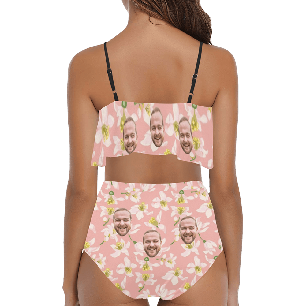 Custom Pink Flower Face Swimsuit | Unique Women's Two Piece High Waisted Ruffle Bikini Beach Pool