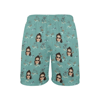 Custom Face Coconut Tree&Island Beach Shorts | Personalized Photo Men's Elastic Swim Trunks For Holiday Trip