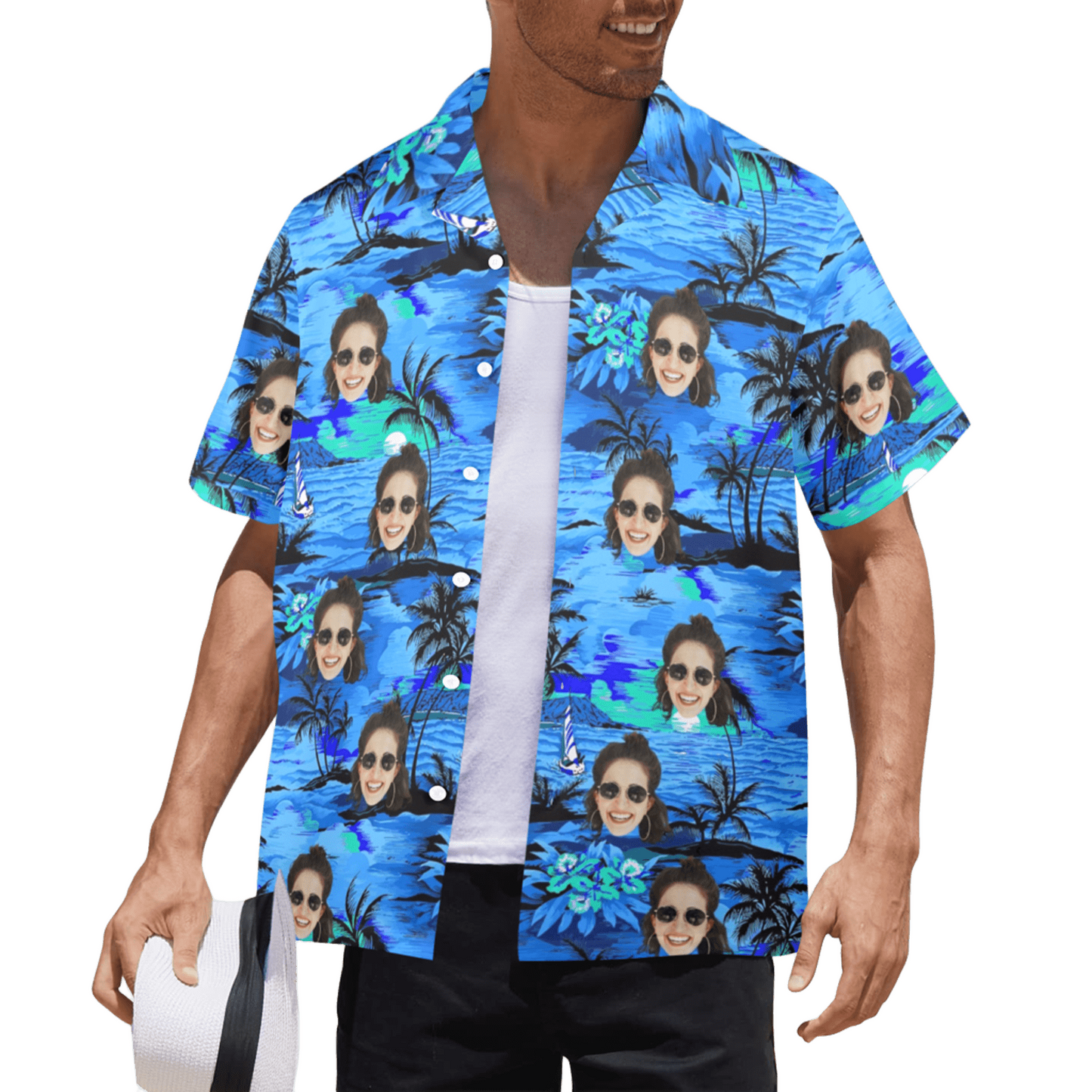 Custom Face Blue Island Hawaiian Shirt | Personalized Tropical Summer Shirt Best Couple Gift