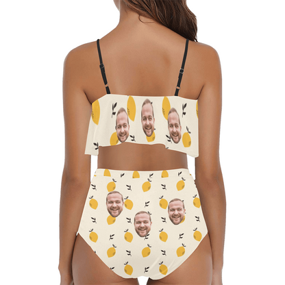 Custom Face Yellow Lemon Swimsuit | Unique Women's Two Piece High Waisted Ruffle Bikini Beach Outfits
