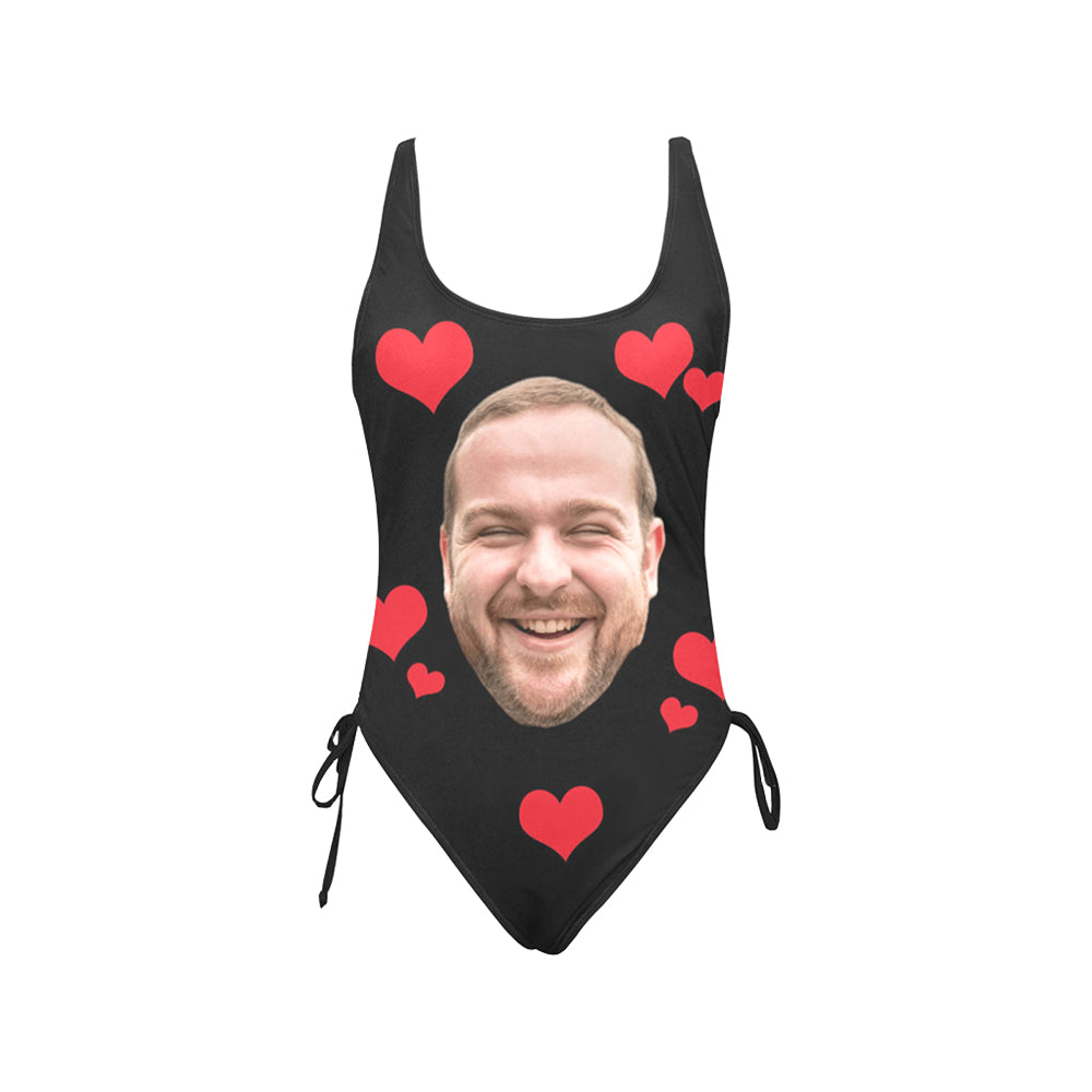 Custom Red Heart Big Face Swimsuit | Unique Women's New Drawstring Side One Piece Swimwear Honeymoon Anniversary Gift