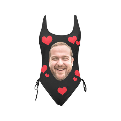 Custom Red Heart Big Face Swimsuit | Unique Women's New Drawstring Side One Piece Swimwear Honeymoon Anniversary Gift