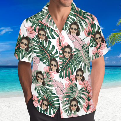 Custom Face Pink Plantain Leaves Hawaiian Shirt | Personalized Tropical Aloha Shirt Birthday Party Gift