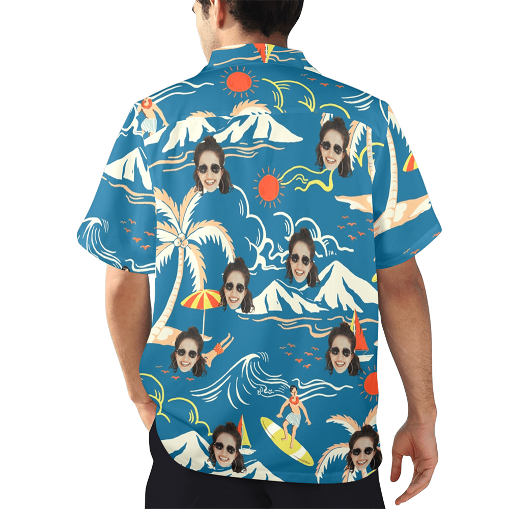 Custom Face Blue Surfing Island Hawaiian Shirt | Personalized Tropical Aloha Shirt For Boat/Cruise Trip