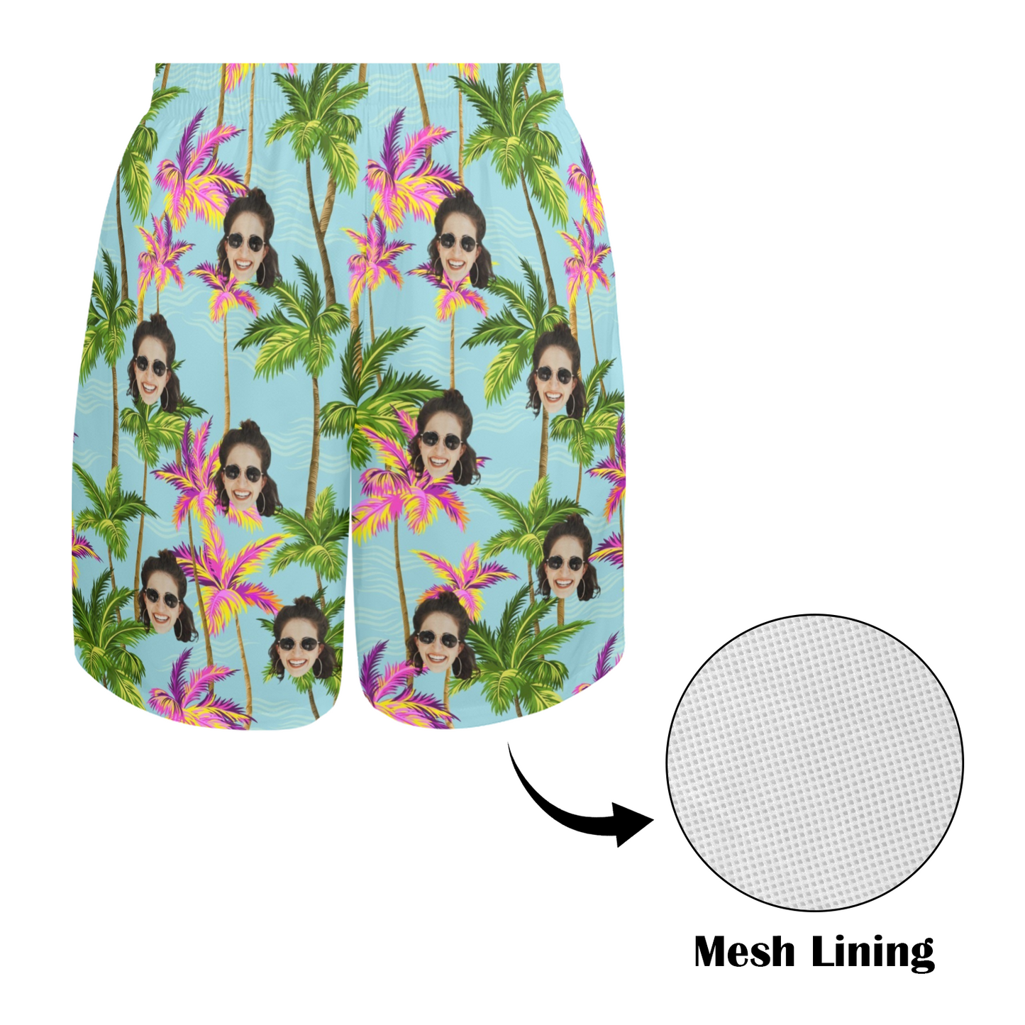 Custom Face Purple Coconut Tree Beach Shorts | Personalized Photo Men's Elastic Swim Trunks Cruise Trip