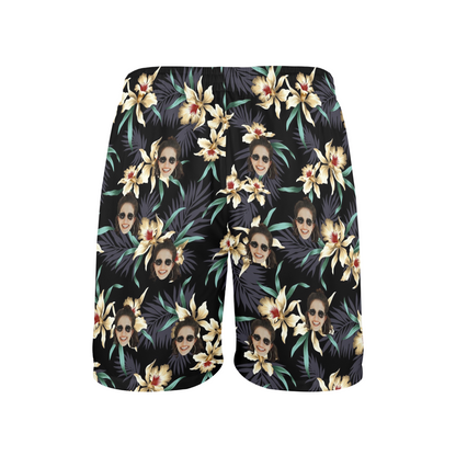 Custom Face Lily Flowers Beach Shorts | Personalized Photo Men's Elastic Swim Trunks Birthday Vacation Party