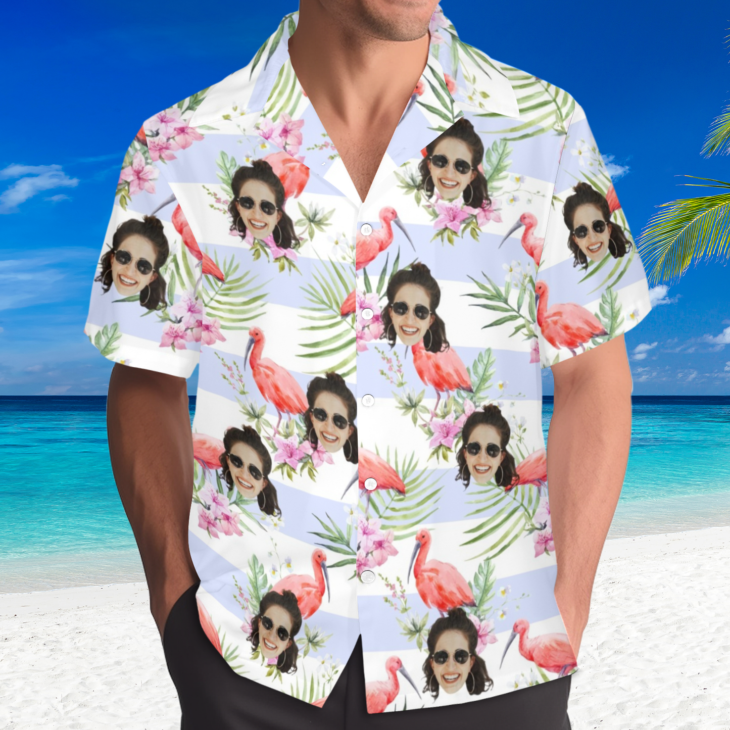 Custom Face Pink Flamingo Hawaiian Shirt | Personalized Tropical Aloha Shirt Anniversary Gift
