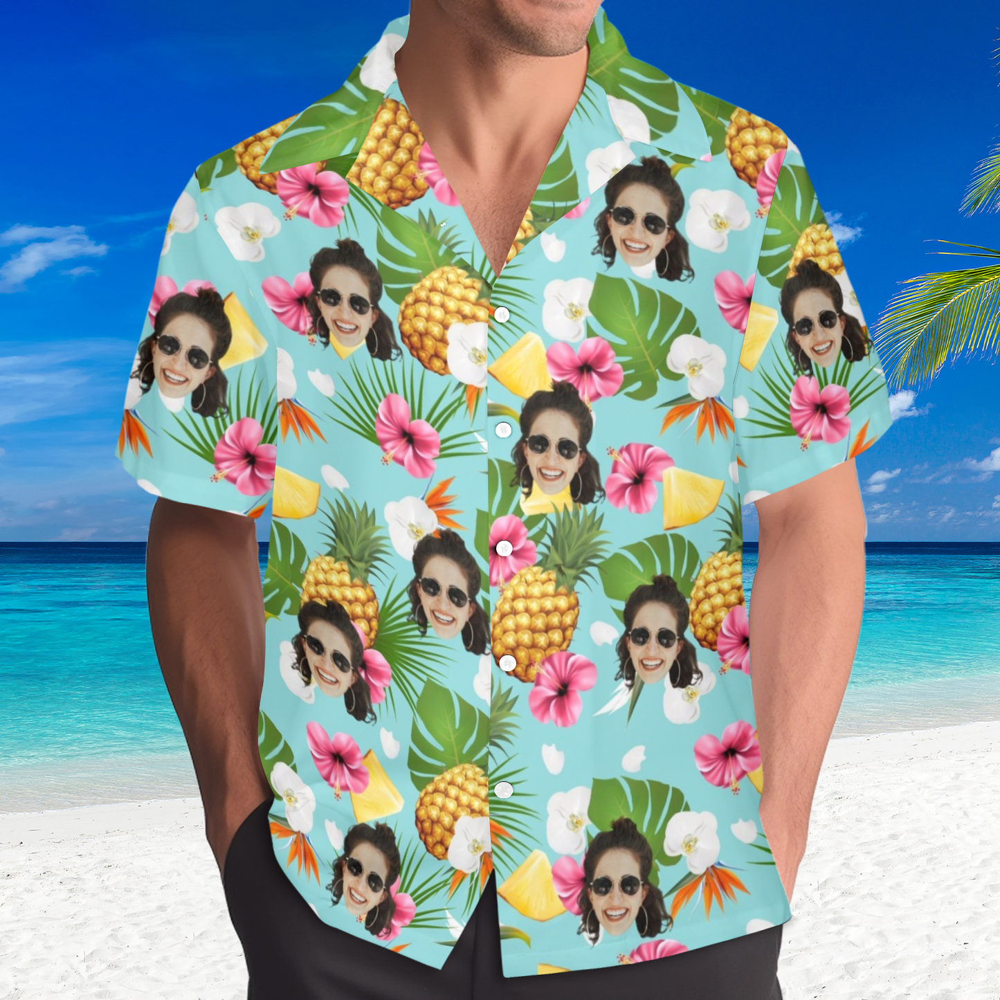 Custom Face Pineapple Flowers Hawaiian Shirt | Personalized Tropical Aloha Shirt For Family Party