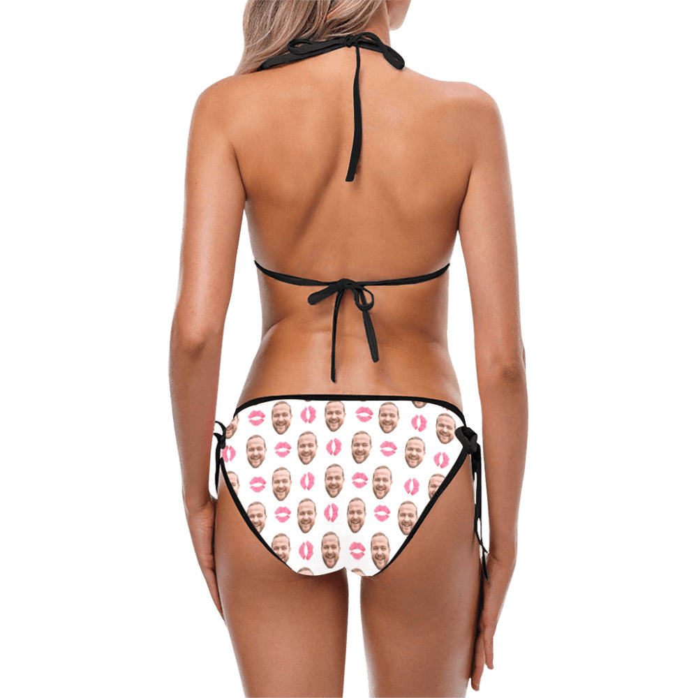 Custom Face Pink Lip Swimsuit | Personalized Women's String Halter Tie Side Low Waisted Triangle Bikini Birthday Gift
