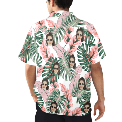 Custom Face Pink Plantain Leaves Hawaiian Shirt | Personalized Tropical Aloha Shirt Birthday Party Gift
