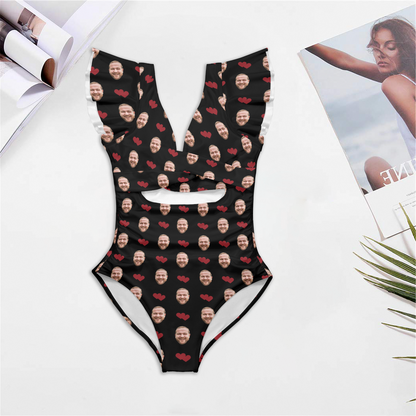 Custom Red Love Face Swimsuit | Personalized Women's Twist Front Ruffle Sleeve Bathing Suit Anniversary Gift