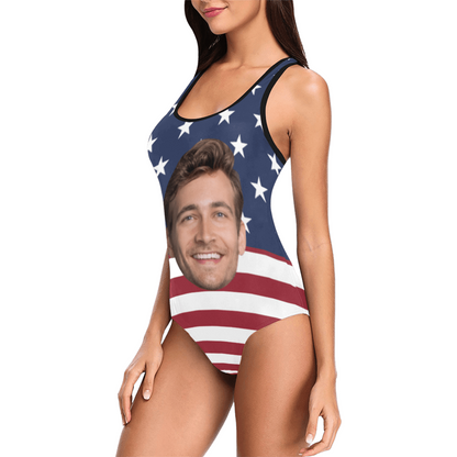 Custom American Flag Face Swimsuit | Unique Women's Tank Top One Piece Bathing Suit Holiday Party