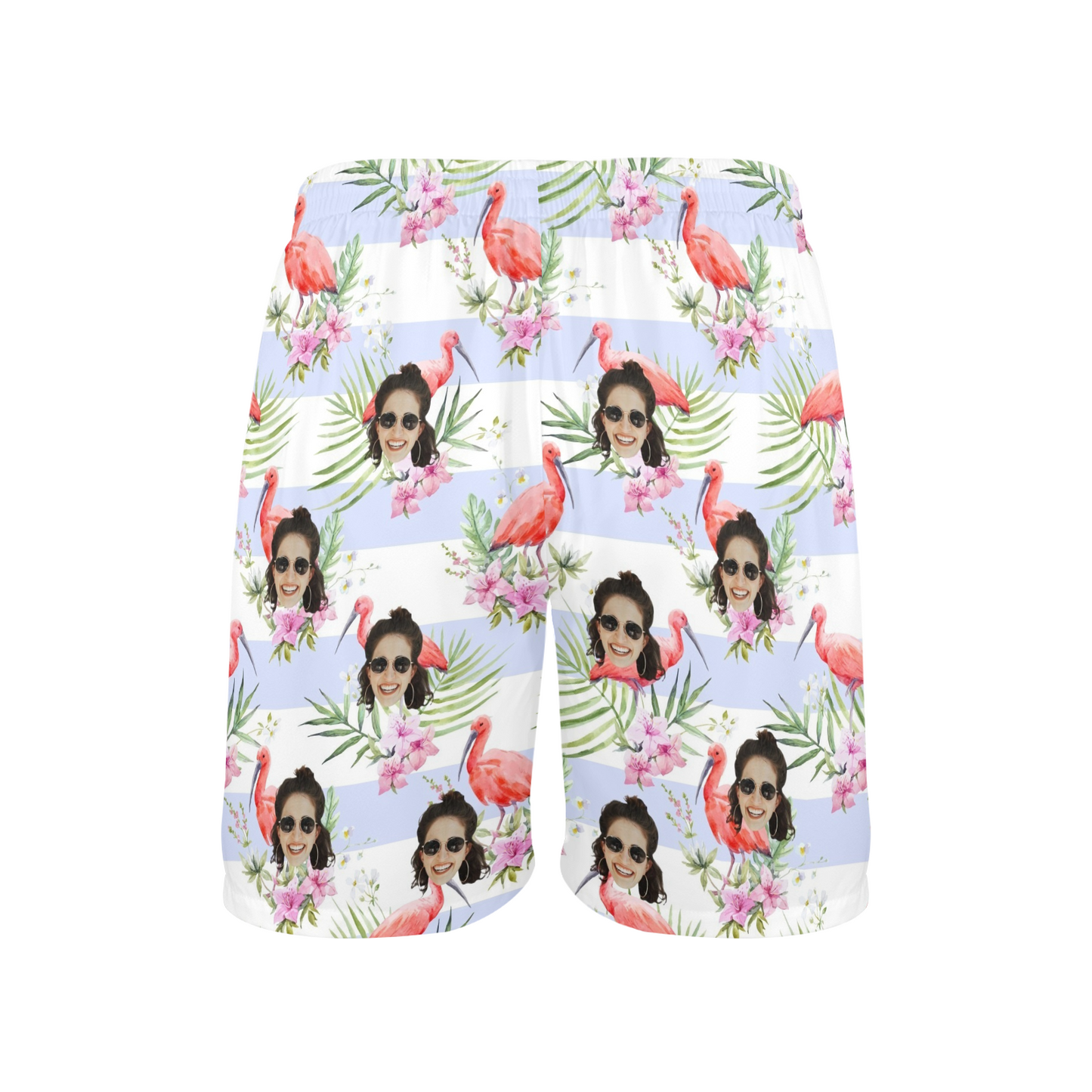 Custom Face Pink Flamingo Beach Shorts | Personalized Photo Men's Elastic Swim Trunks Birthday Gift