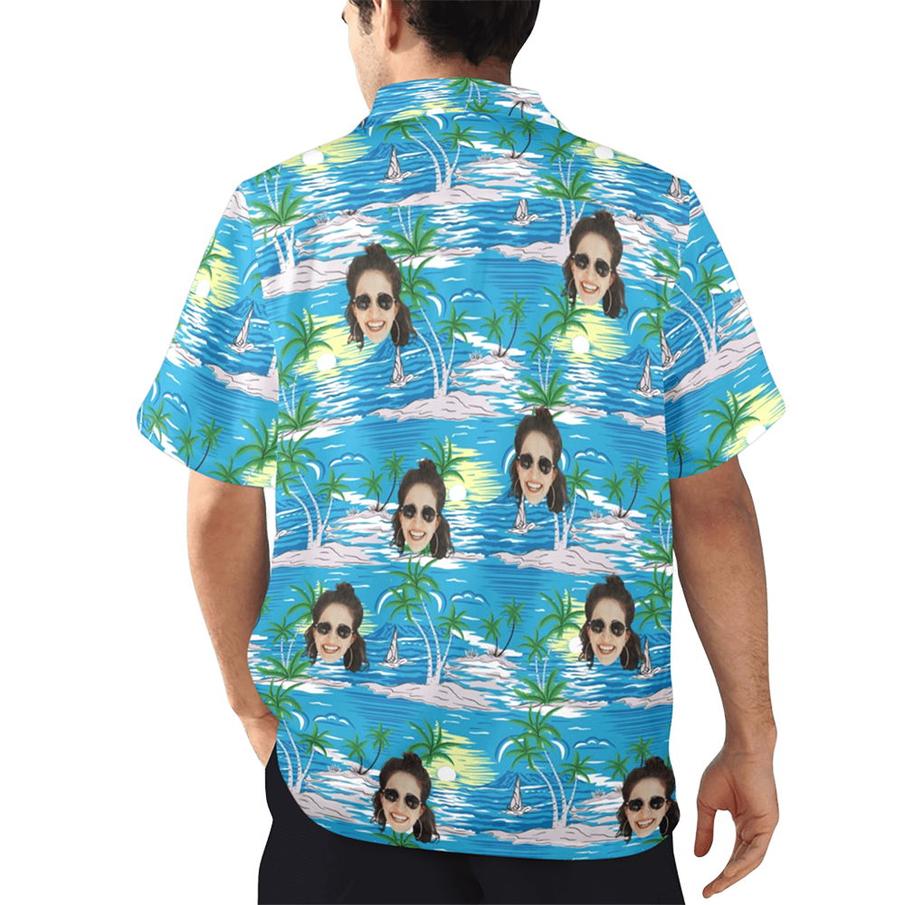 Custom Face Blue Sea&Island Hawaiian Shirt | Personalized Tropical Aloha Shirt For Vacation/Holiday