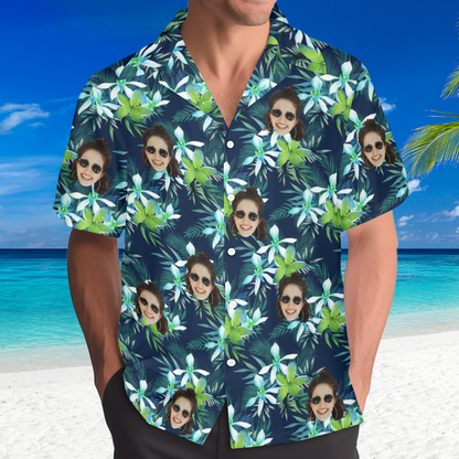 Custom Face Green Leaves Hawaiian Shirt | Personalized Tropical Aloha Shirt Birthday Party Gift