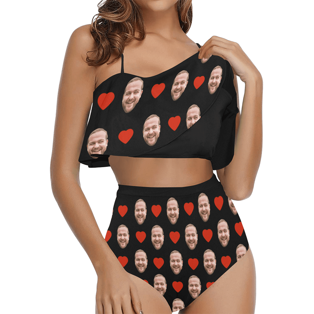 Custom Red Heart Face Swimsuit | Unique Women's Two Piece High Waisted Ruffle Bikini Pool Outfits