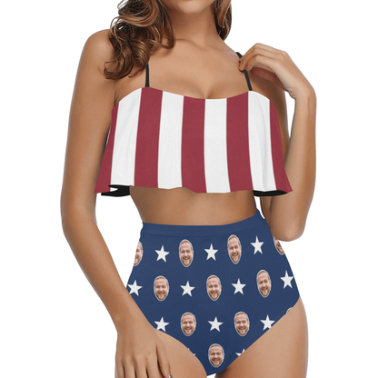 Custom USA Flag Face Swimsuit | Unique Women's Two Piece High Waisted Ruffle Bikini For July 4th Party