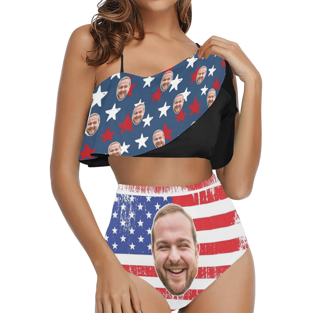 Custom Grunge American Flag Face Swimsuit | Unique Women's Two Piece High Waisted Ruffle Bikini Independence Day