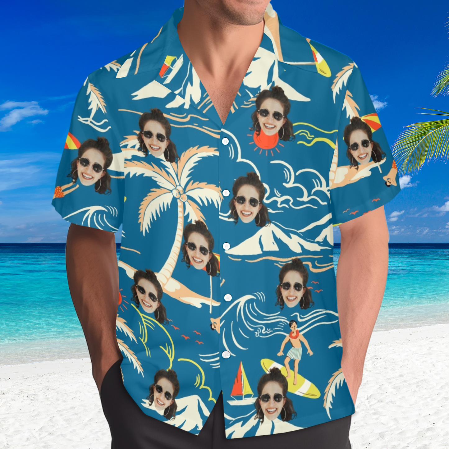 Custom Face Blue Surfing Island Hawaiian Shirt | Personalized Tropical Aloha Shirt For Boat/Cruise Trip