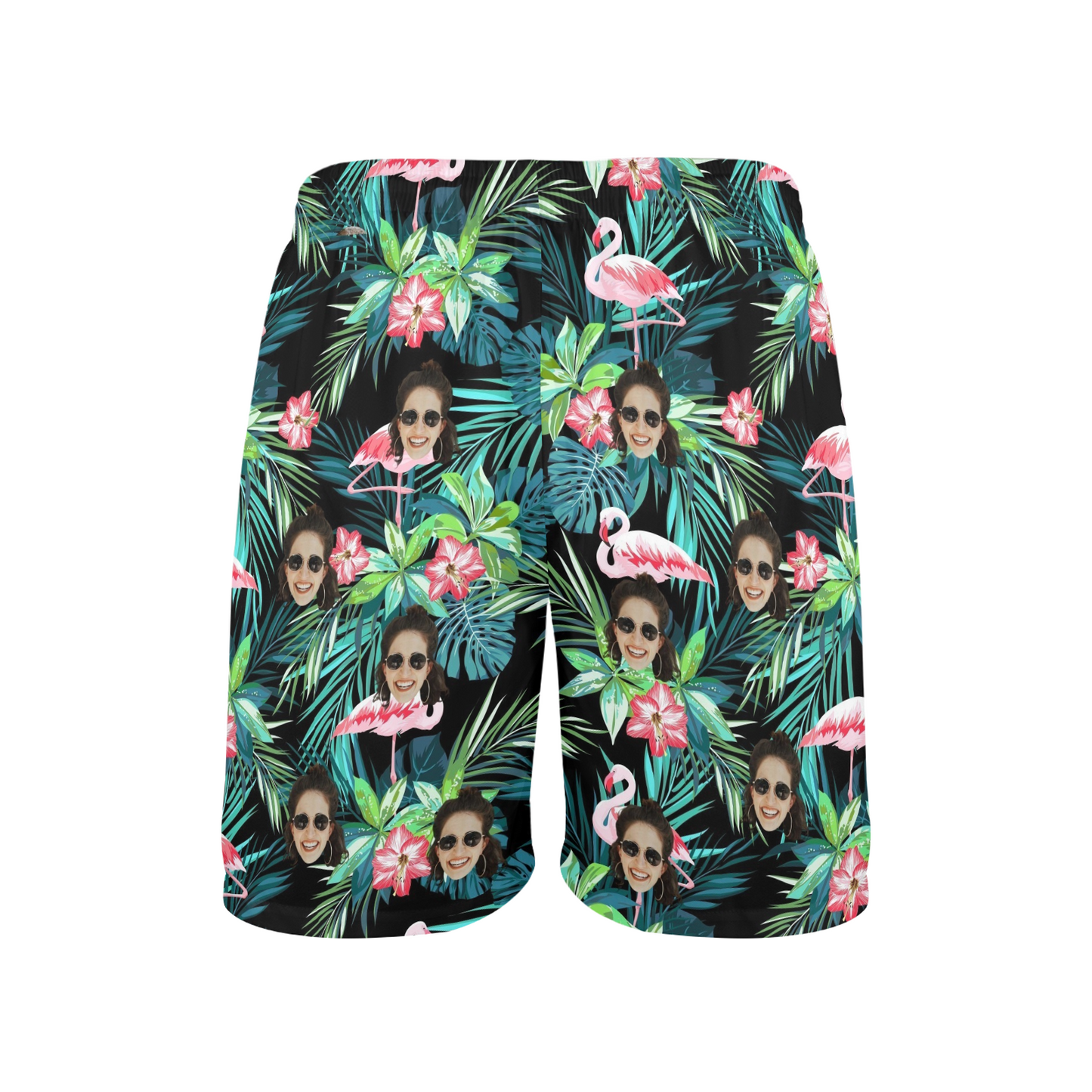 Custom Face Flamingo Beach Shorts | Personalized Photo Men's Elastic Swim Trunks For Summer Vacation