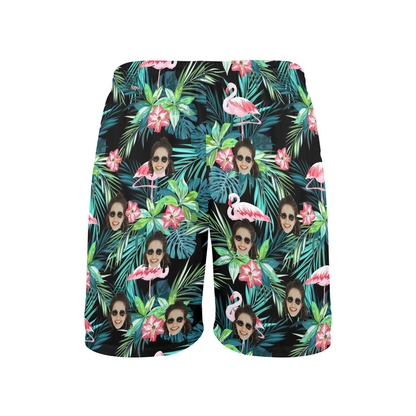 Custom Face Flamingo Beach Shorts | Personalized Photo Men's Elastic Swim Trunks For Summer Vacation
