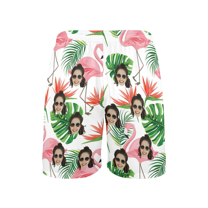 Custom Face Pink Flamingo Beach Shorts | Personalized Photo Men's Elastic Swim Trunks For Cruise