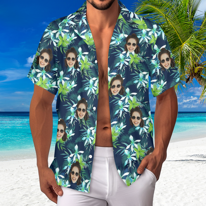 Custom Face Green Leaves Hawaiian Shirt | Personalized Tropical Aloha Shirt Birthday Party Gift