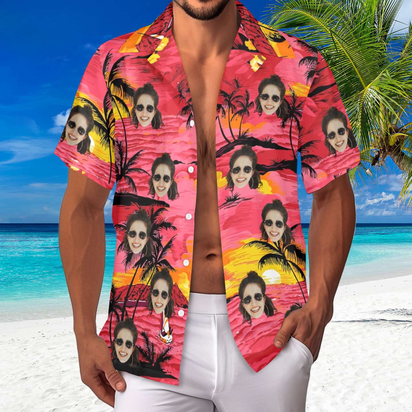Custom Face Watercolor Print Hawaiian Shirt | Personalized Tropical Aloha Shirt for Beach & Vacation