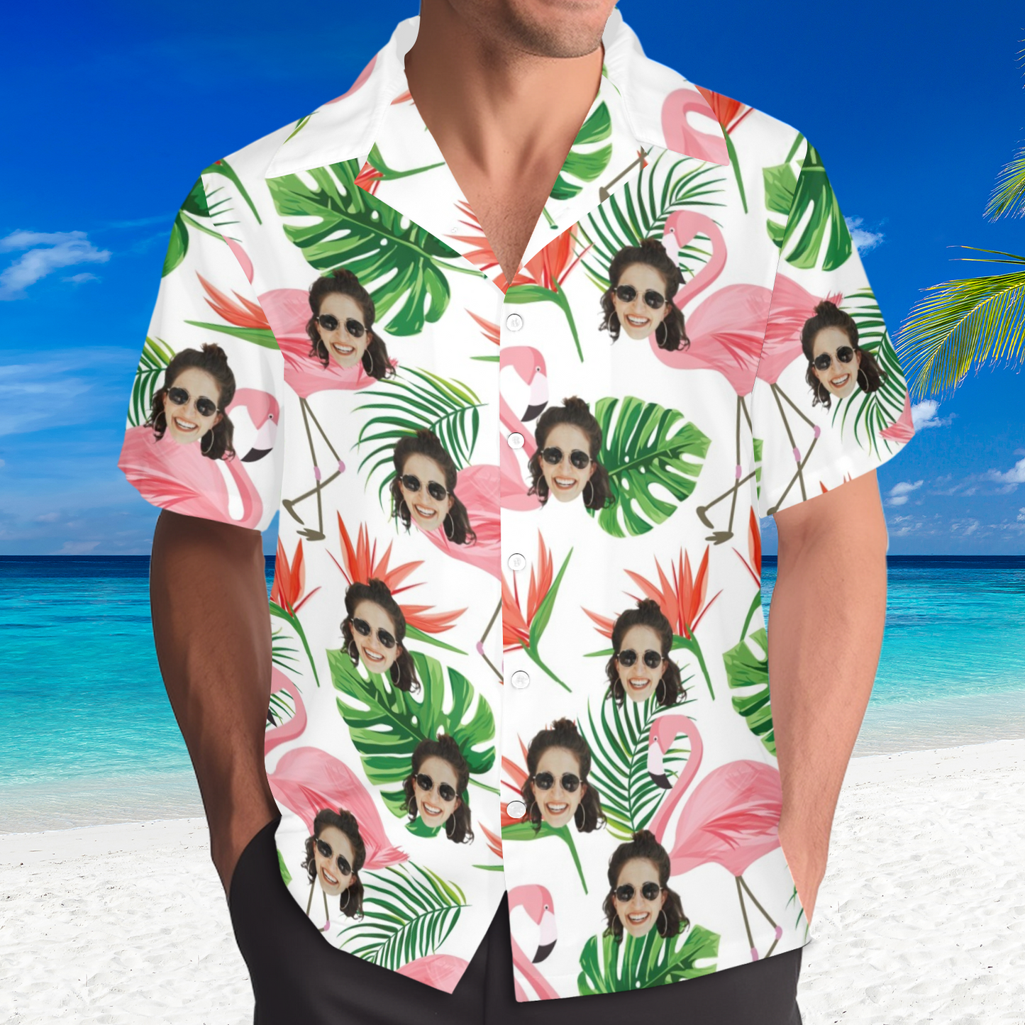 Custom Face Pink Flamingo Hawaiian Shirt | Personalized Tropical Aloha Shirt Vacation Party