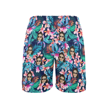 Custom Face Sea Flower Beach Shorts | Personalized Photo Men's Elastic Swim Trunks Vacation Party