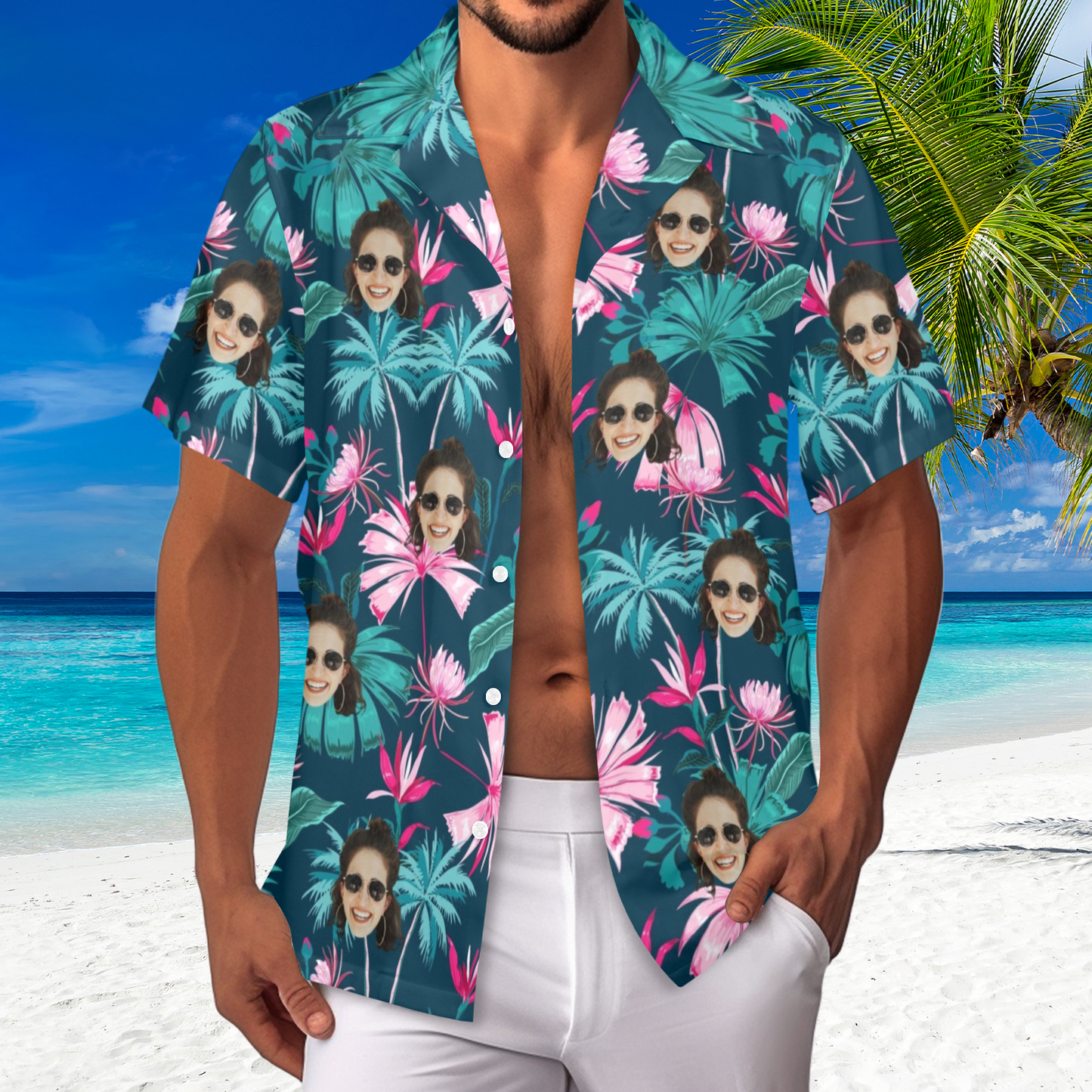Custom Face Coconut Flowers Hawaiian Shirt | Personalized Tropical Aloha Shirt Beach Cruise Party Gift