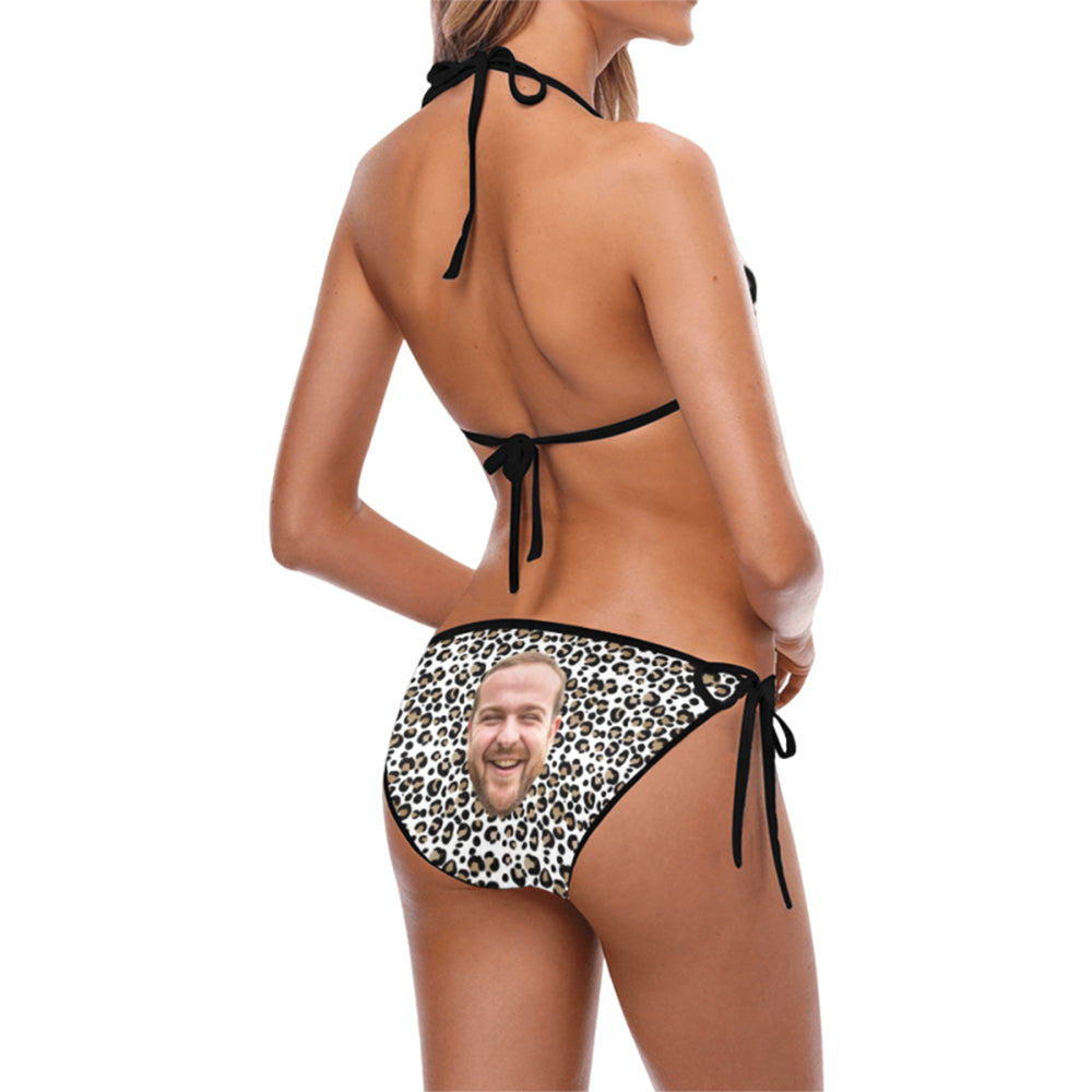 Custom Face Leopard Swimsuit | Personalized Women's String Halter Tie Side Low Waisted Triangle Bikini