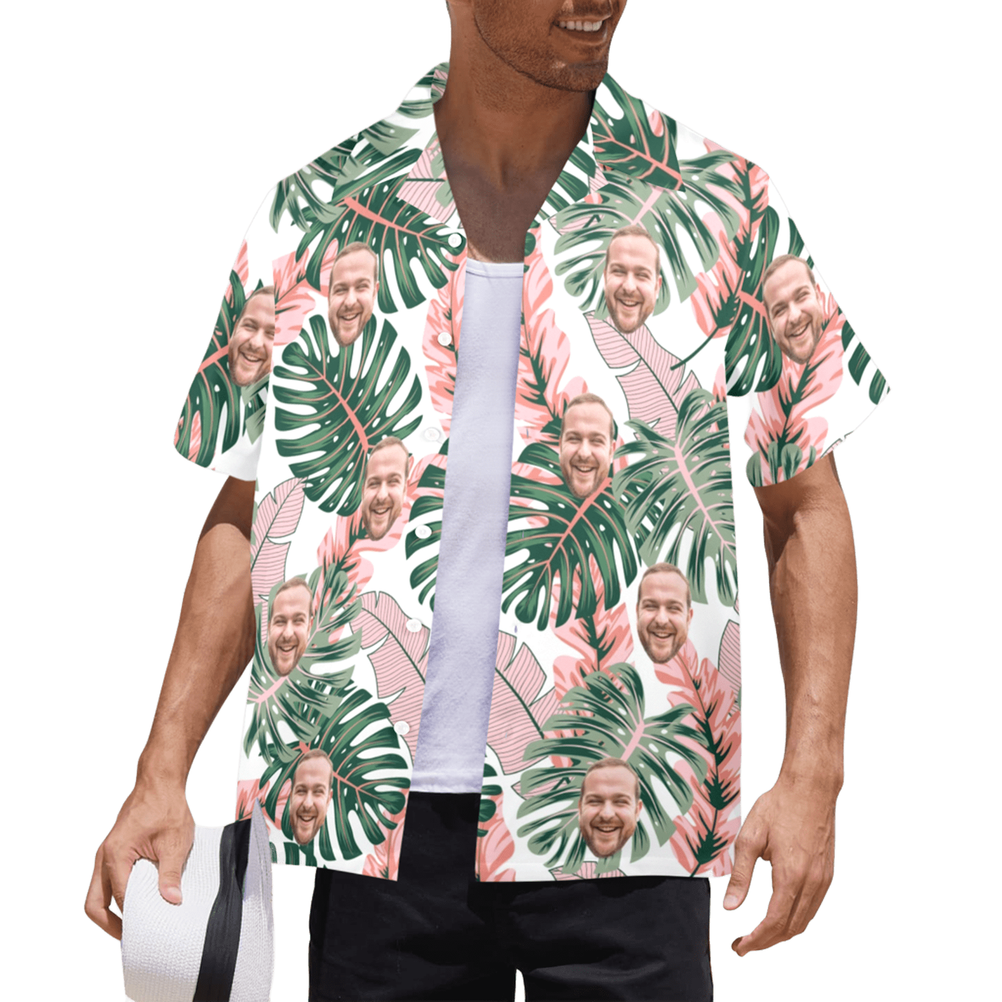 Custom Face Pink Plantain Leaves Hawaiian Shirt | Personalized Tropical Aloha Shirt Birthday Party Gift