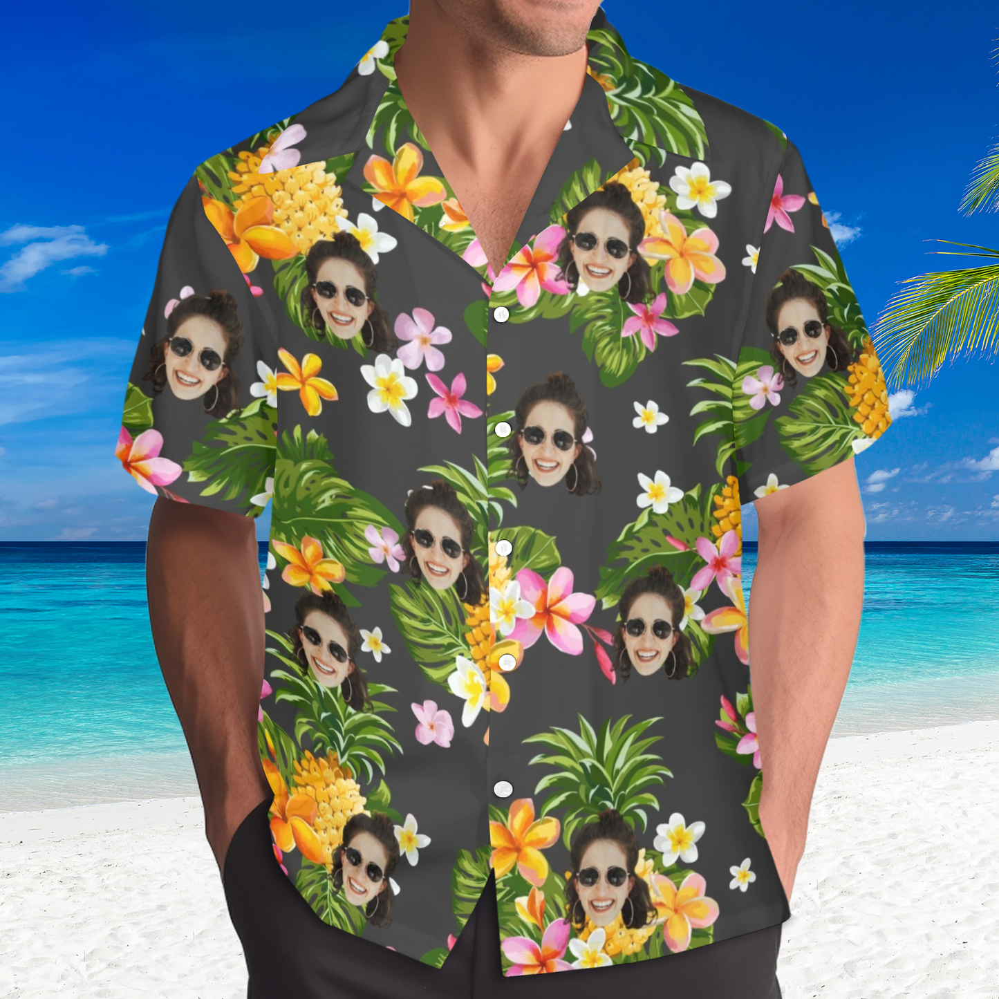 Custom Face Yellow Pineapple Flowers Hawaiian Shirt | Personalized Tropical Aloha Shirt For Bachelorette Party