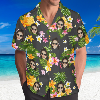 Custom Face Yellow Pineapple Flowers Hawaiian Shirt | Personalized Tropical Aloha Shirt For Bachelorette Party