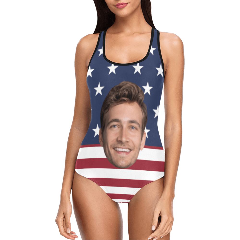 Custom American Flag Face Swimsuit | Unique Women's Tank Top One Piece Bathing Suit Holiday Party