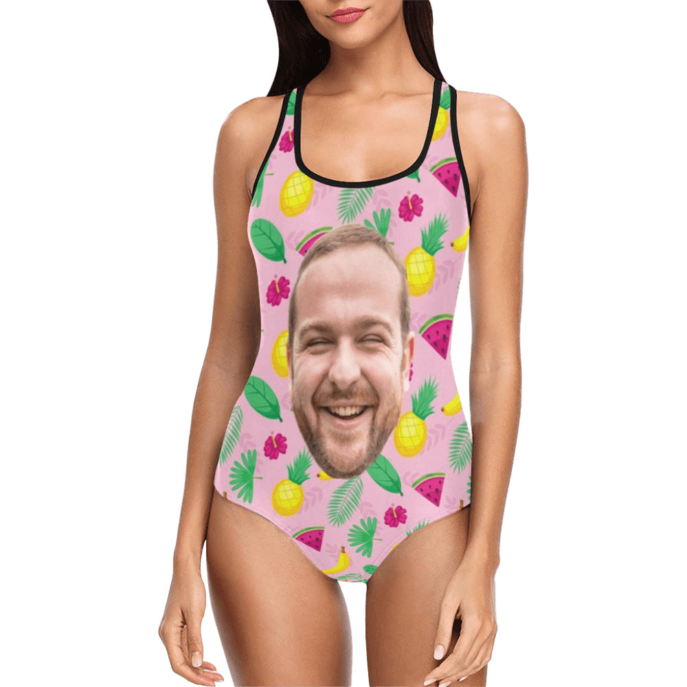 Custom Tropical Fruit Face Swimsuit | Unique Women's Tank Top One Piece Bathing Suit For Summer Vacation