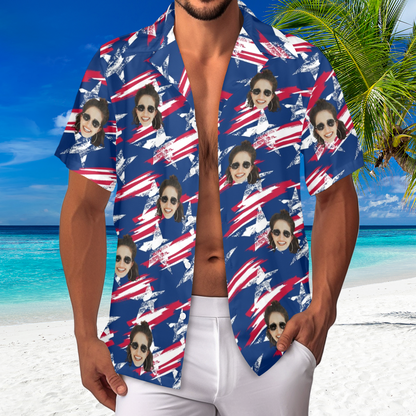 Custom Face Vintage USA Flag Hawaiian Shirt | Personalized Tropical Aloha Shirt Independence Day Party