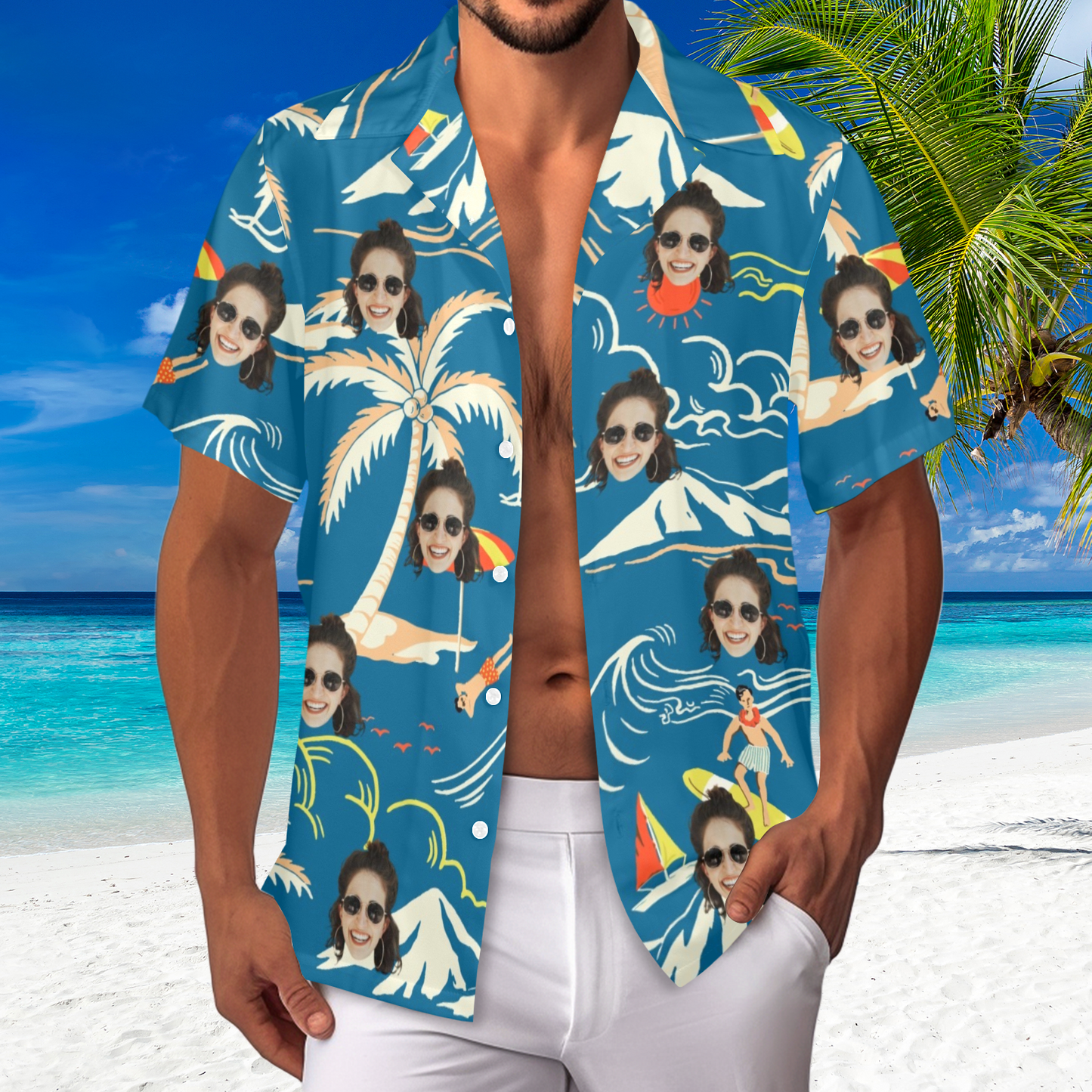 Custom Face Blue Surfing Island Hawaiian Shirt | Personalized Tropical Aloha Shirt For Boat/Cruise Trip