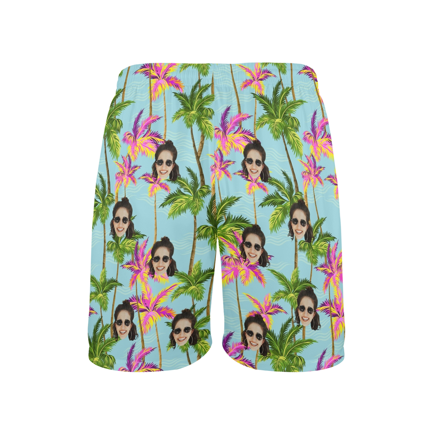 Custom Face Purple Coconut Tree Beach Shorts | Personalized Photo Men's Elastic Swim Trunks Cruise Trip