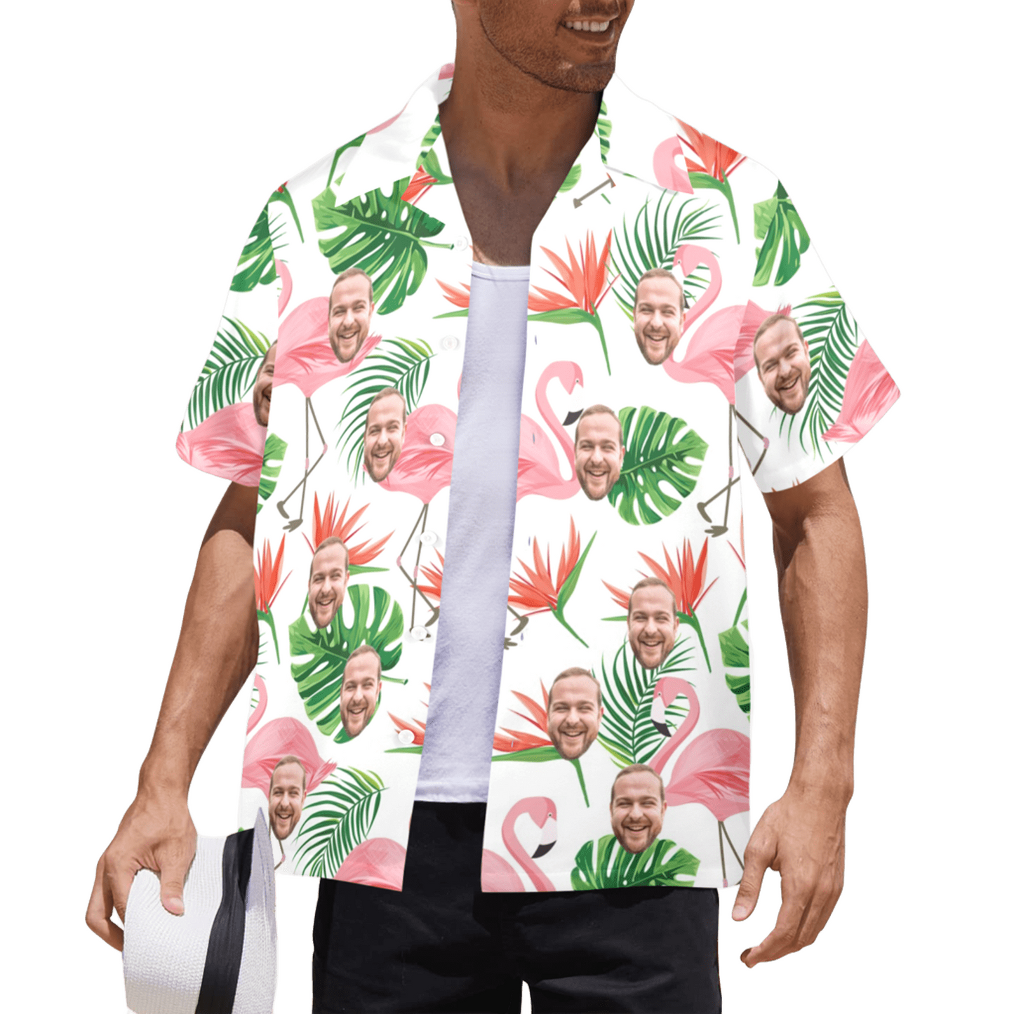 Custom Face Pink Flamingo Hawaiian Shirt | Personalized Tropical Aloha Shirt Vacation Party
