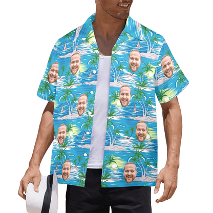 Custom Face Blue Sea&Island Hawaiian Shirt | Personalized Tropical Aloha Shirt For Vacation/Holiday